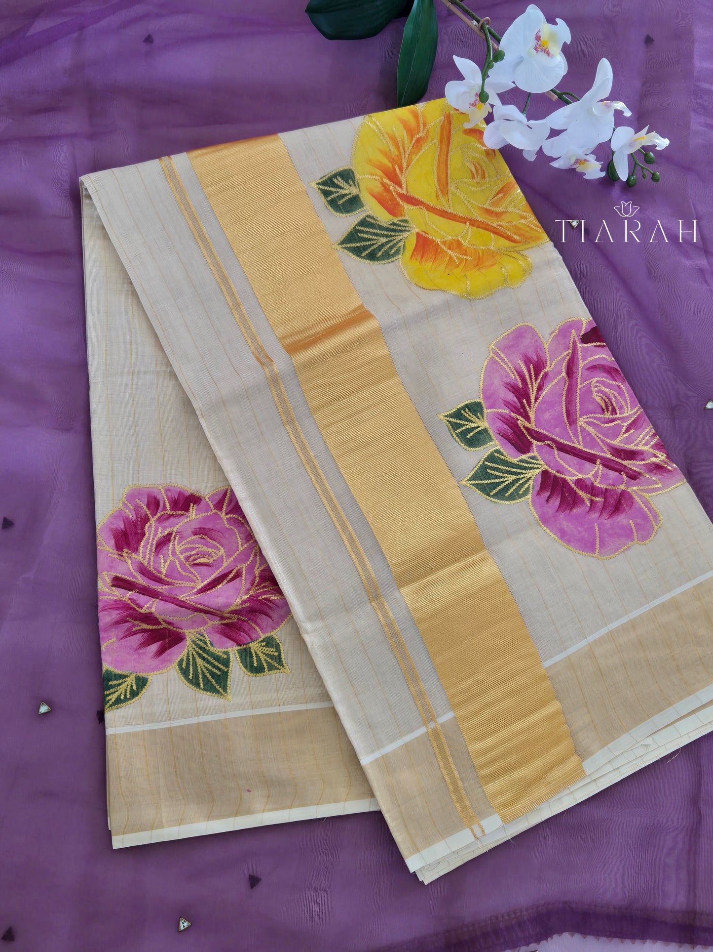 ✨️Golden Rose Stripe Tissue Set Saree.✨️