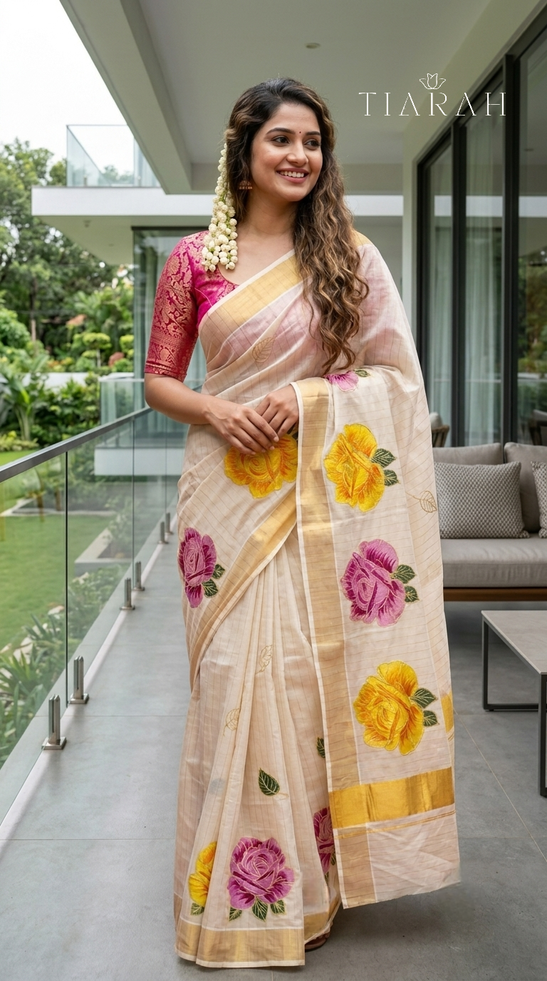 ✨️Golden Rose Stripe Tissue Set Saree.✨️