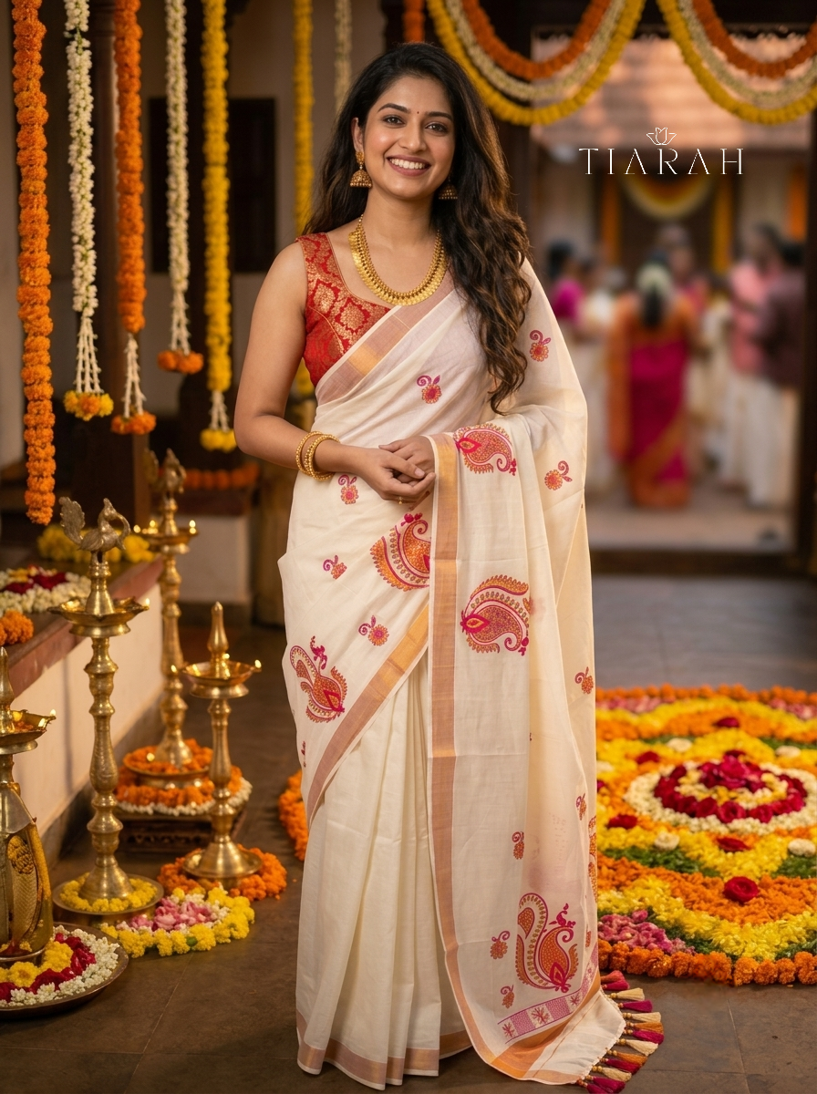 ✨️KERALA COTTON SAREE WITH  EMBROIDERY Floral Design✨️
